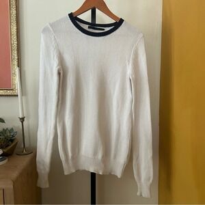 Jenni Kayne Crewneck Open Knit Sweater Pullover Cotton White Black Trim Size XS